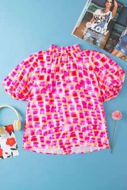 image-Pink Abstract Print Ruffled High Neck Button Back Blouse