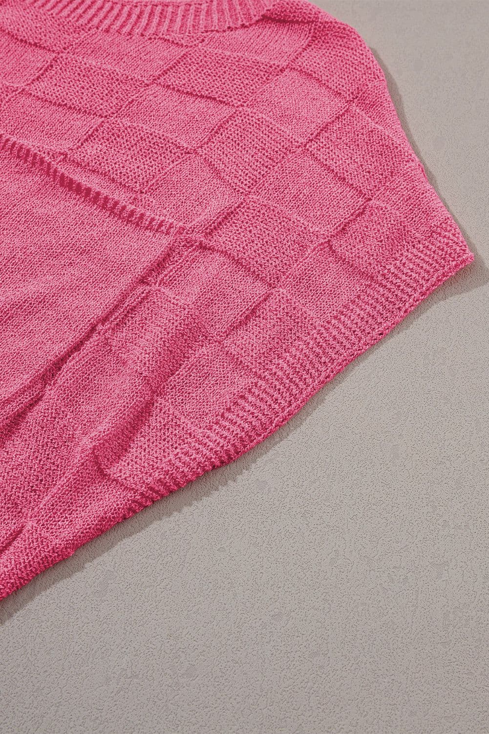 image-Pink Lattice Textured Knit Short Sleeve Sweater - Sizes S-3XL
