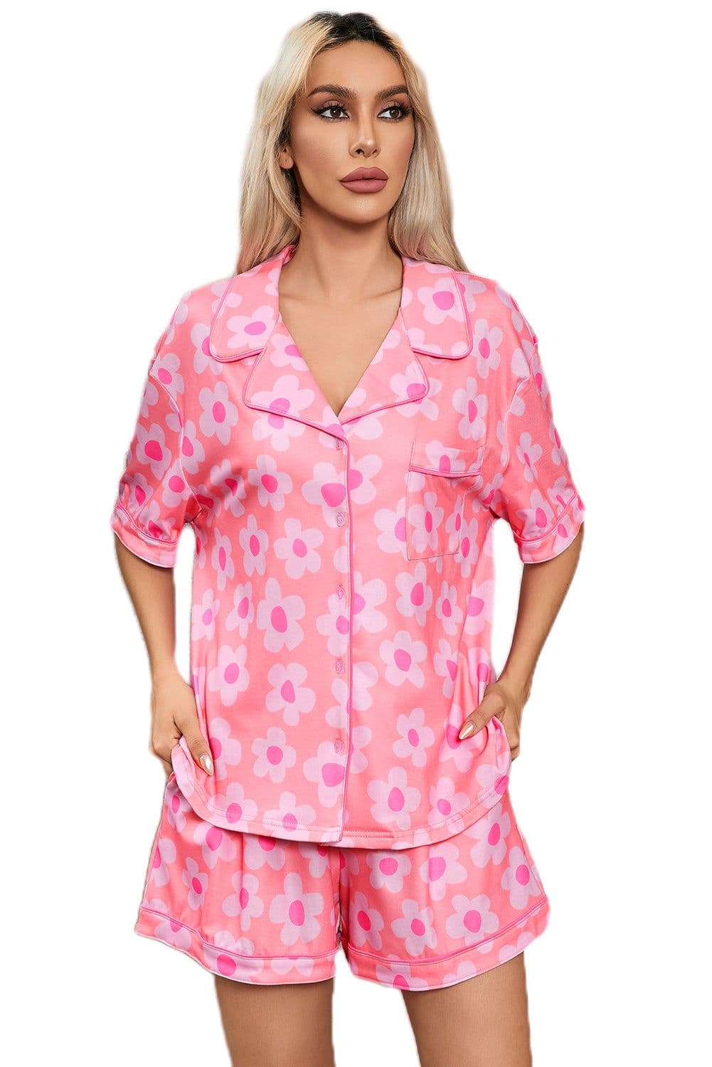 image-Green Flower Print Short Sleeve Pajamas Set