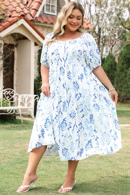 image-Sky Blue Floral Print Sweetheart Neck Plus Size Midi Dress