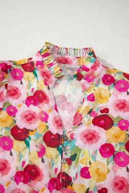 image-Pink Floral Frilled V Neck Puff Short Sleeve Blouse