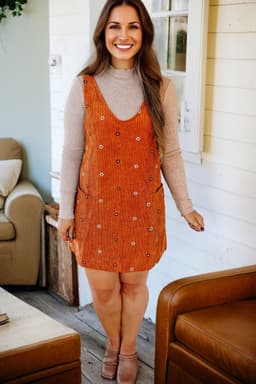 image-Gold Flame Flower Embroidered Corduroy Overall Mini Dress