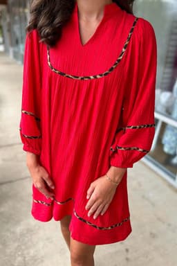 image-Fiery Red Textured V Neck Leopard Trim Shift Mini Dress