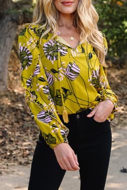image-Yellow Vintage Floral V Neck Ruffle Trim Long Sleeve Blouse