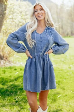 image-Myosotis Denim Mini Dress - Puff Sleeve V Neck