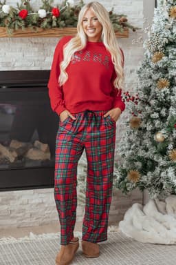 image-Red Plaid Mama Crewneck Lounge Set