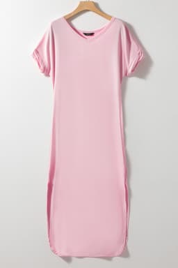 image-Black V Neck Splits Maxi T-shirt Dress, Lightweight, Breathable, S-XL