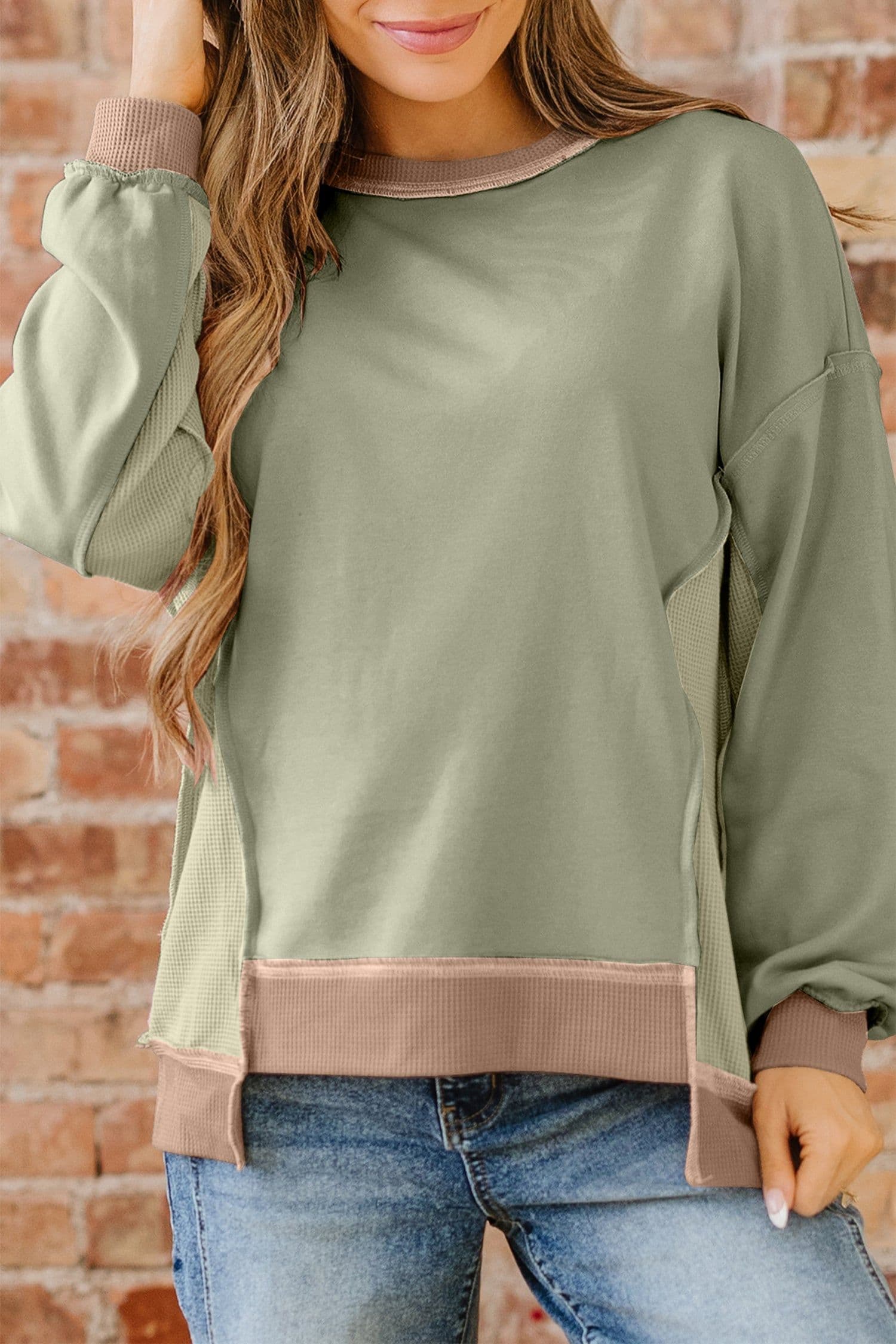 image-Wild Wind Color Block Waffle Patchwork Sweatshirt