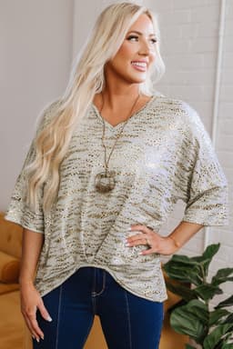 image-Gray Leopard Print V Neck Half Sleeve T Shirt