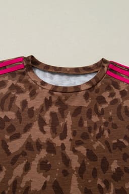 image-Brown Contrast Striped Accent Leopard Short Set