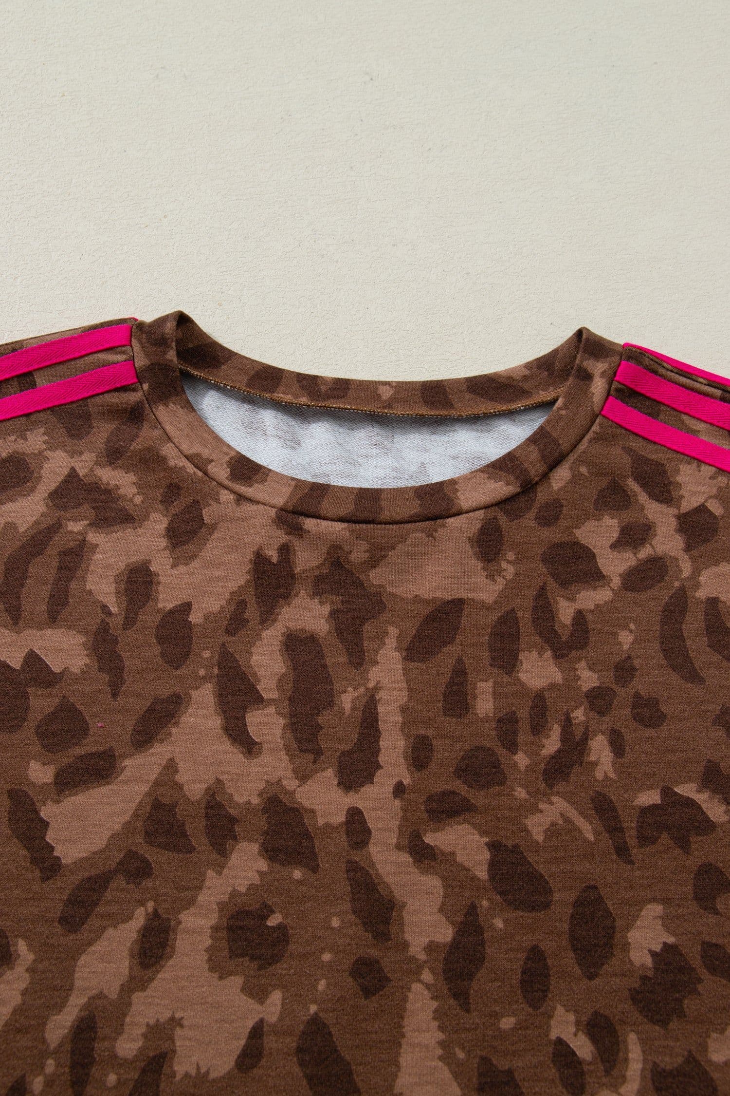 image-Brown Contrast Striped Accent Leopard Short Set