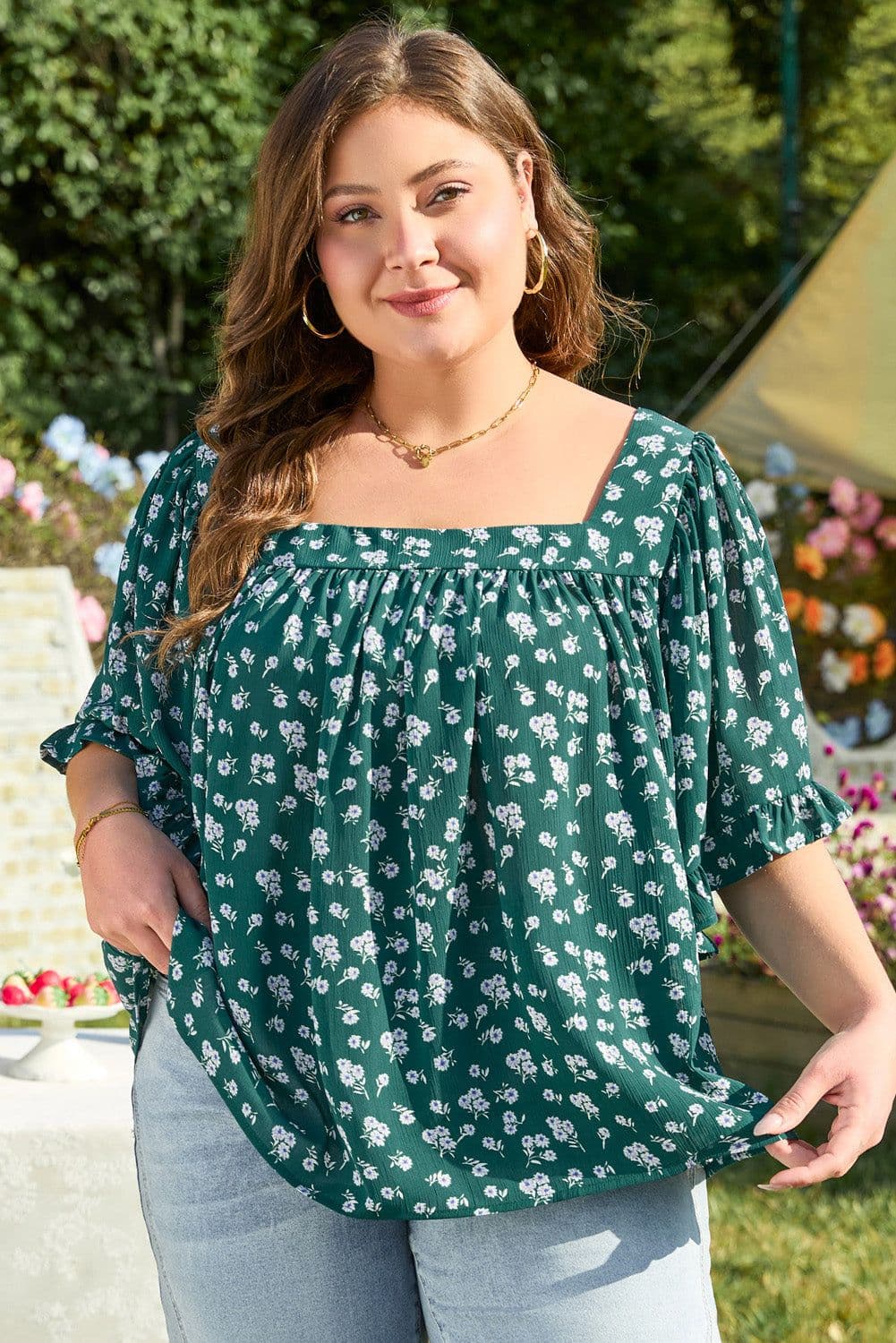image-Plus Size Floral Print Blouse - Green Ruffled Square Neck