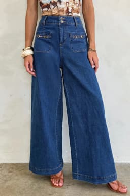 image-Sail Blue Wide Leg Denim Pants - Hardware Decor