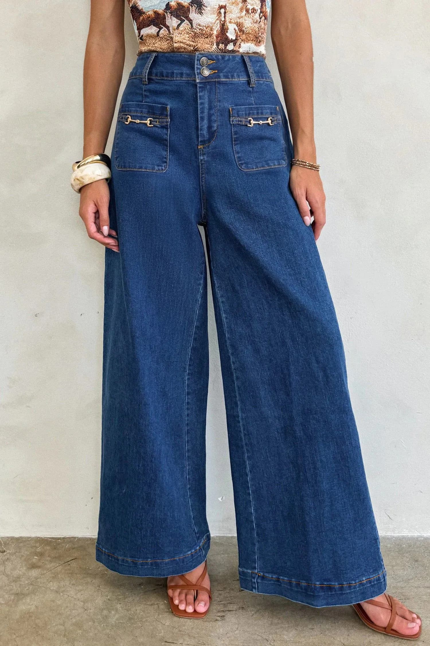 image-Sail Blue Wide Leg Denim Pants - Hardware Decor