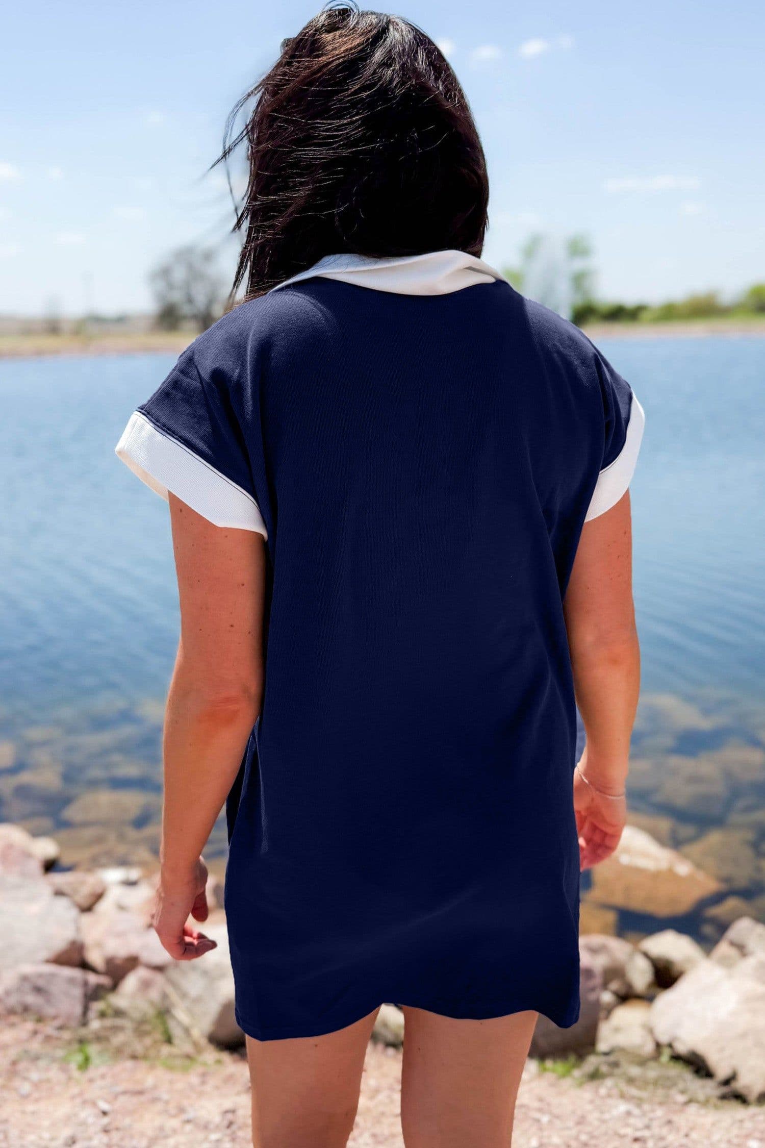 image-Navy Blue Americana Striped Zip Collar T Shirt Dress