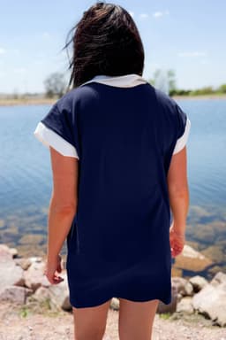 image-Navy Blue Americana Colorblock Stripes Zip up Collared T Shirt Mini Dress