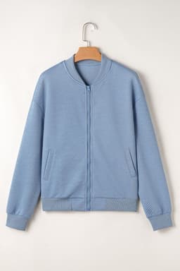 image-Myosotis Solid Textured Stand Neck Zipper Bomber Jacket