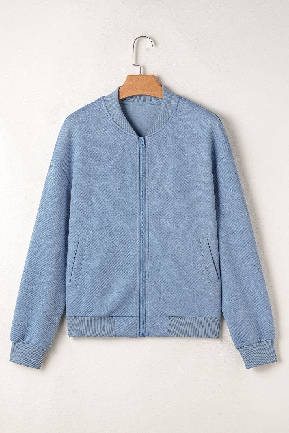 image-Myosotis Solid Textured Stand Neck Zipper Bomber Jacket