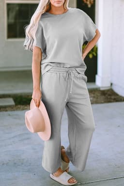 image-Strawberry Pink Textured Loose Fit T Shirt and Drawstring Pants Set