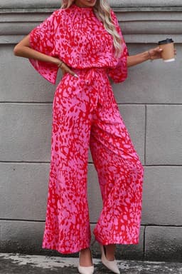 image-Leopard Print Wide Leg Jumpsuit - Rose Belted Loose Fit