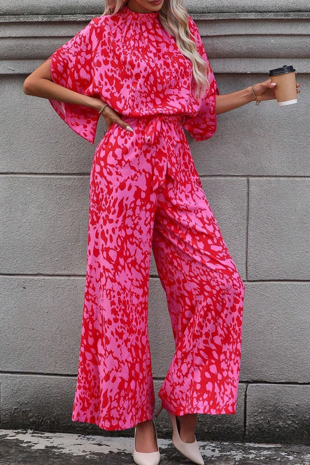 image-Leopard Print Wide Leg Jumpsuit - Rose Belted Loose Fit