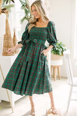 image-Green Tartan Plaid Square Neck Puff Sleeve Knot Waist Flared Midi Dress