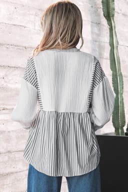 image-Gray Stripe Half Button Gauze Patchwork Bracelet Blouse