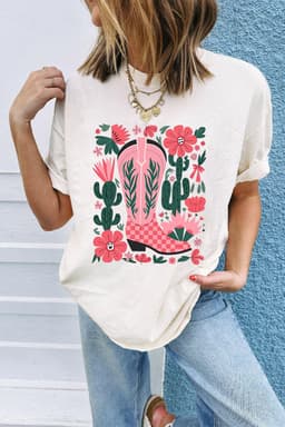 image-White Western Boots Flower Print Round Neck T Shirt