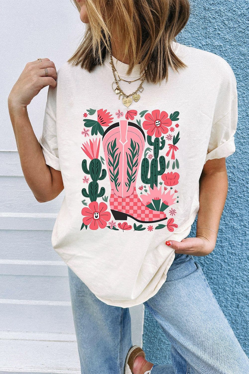 image-White Western Boots Flower Print Round Neck T Shirt