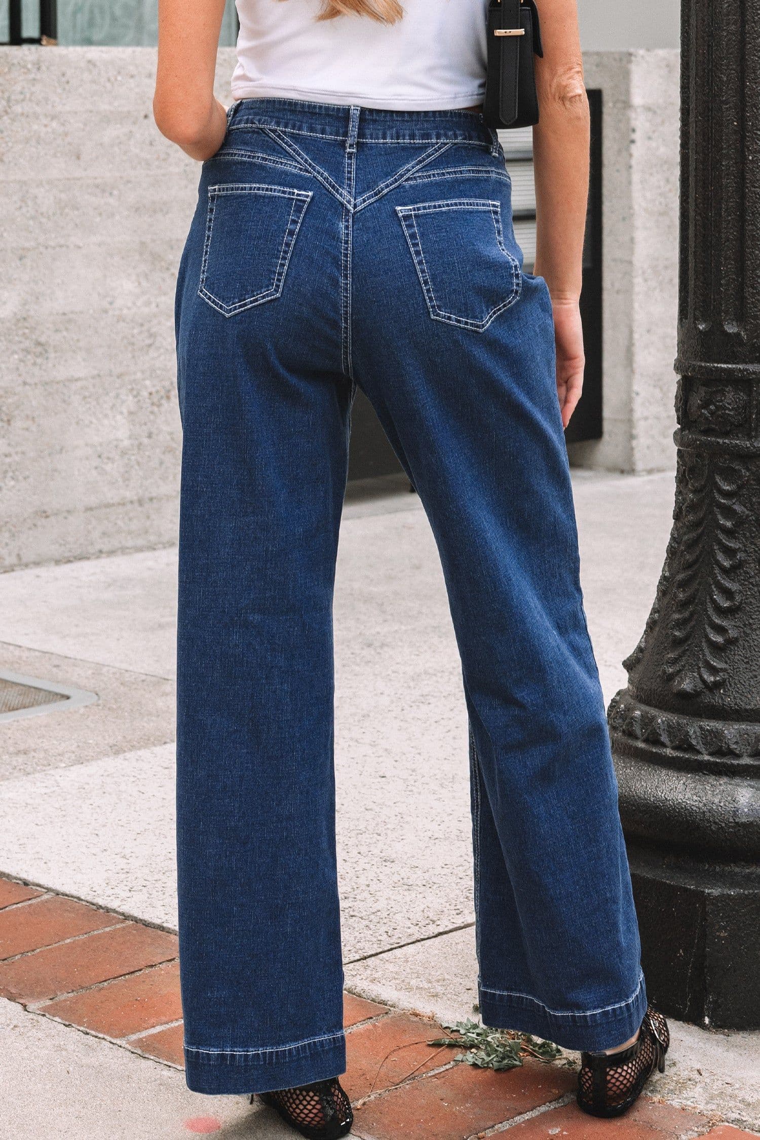 image-Sail Blue Stitched Waist Detail Loose Cuffed Jeans