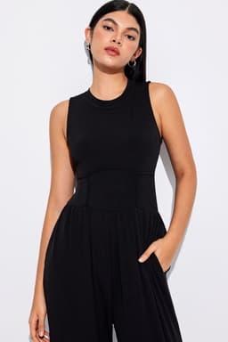 image-Black Cinched Waist Sleeveless Wide Leg Jumpsuit - Casual/Dressy