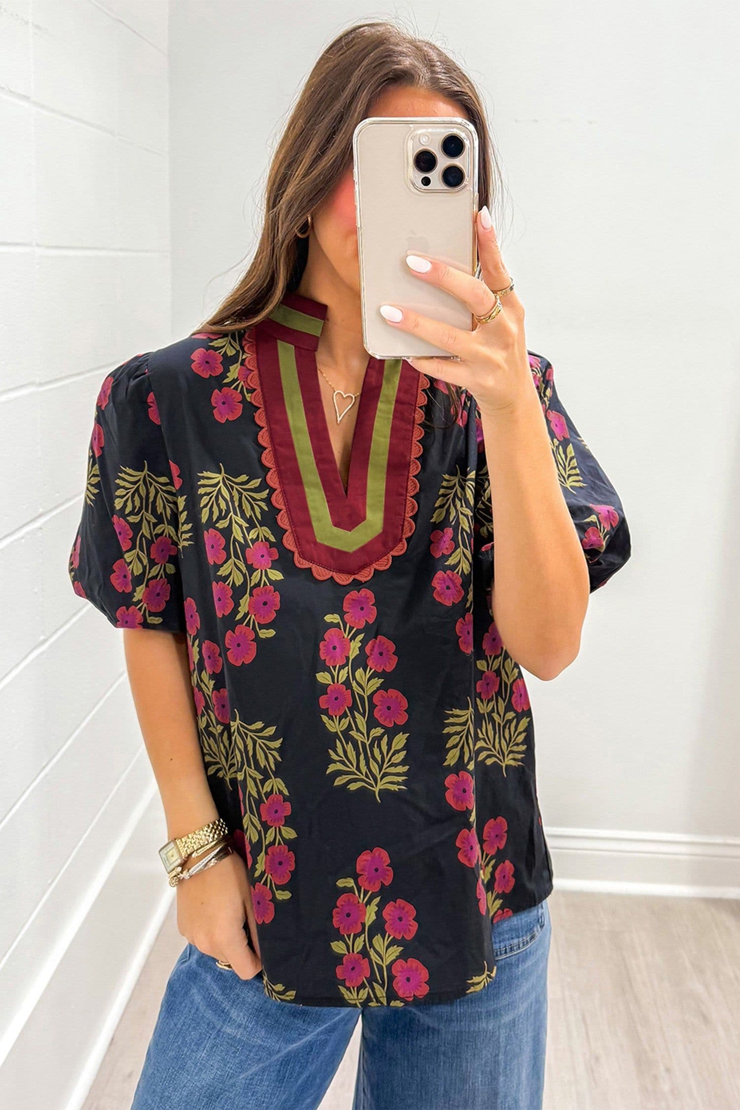 image-White Floral Blouse - Short Puff Sleeve Contrast