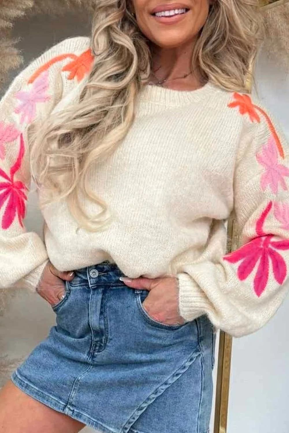 image-Beige Embroidered Floral Sleeve Round Neck Sweater