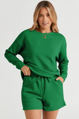 image-Textured Long Sleeve Top & Drawstring Shorts Set - Green