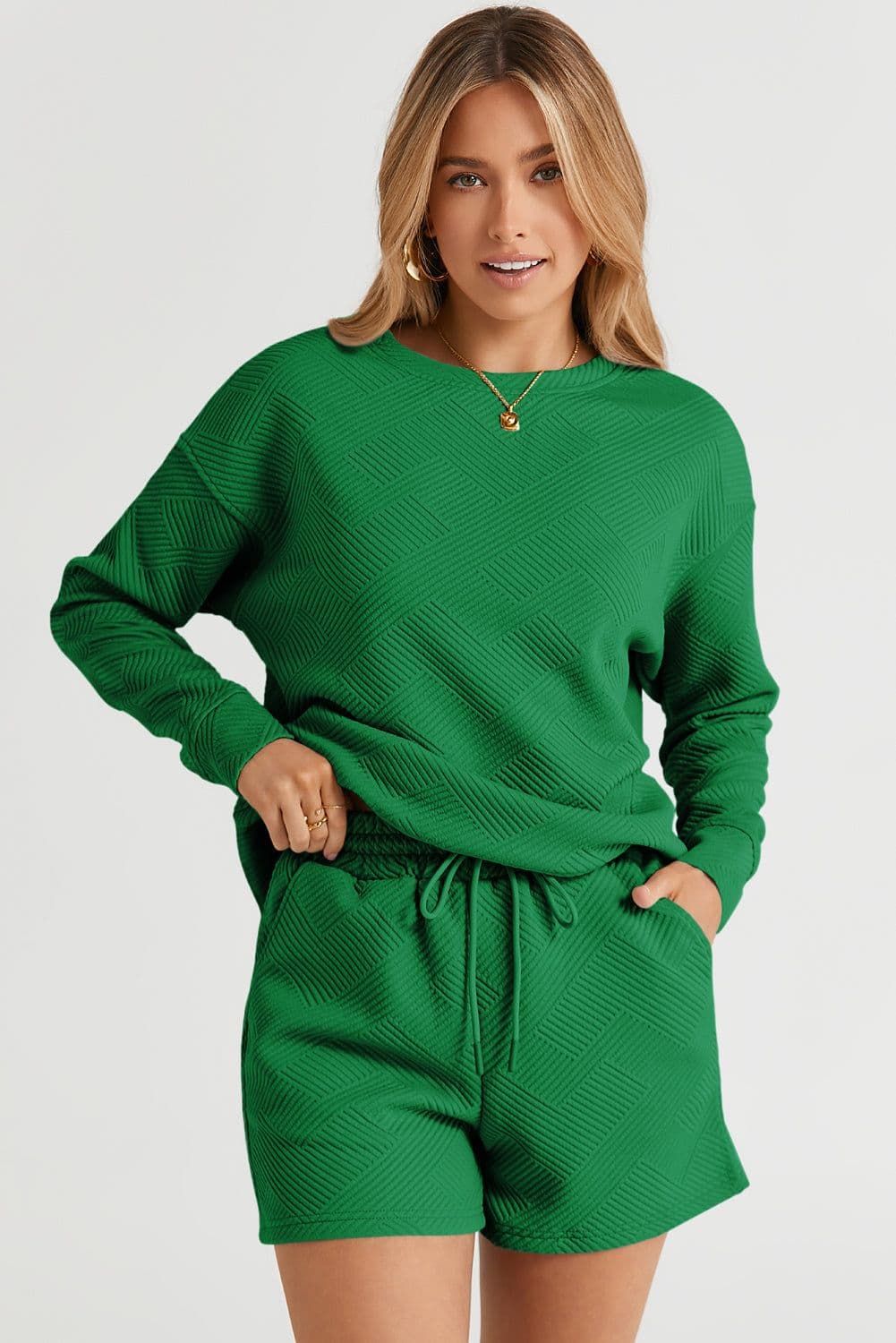 image-Textured Long Sleeve Top & Drawstring Shorts Set - Green
