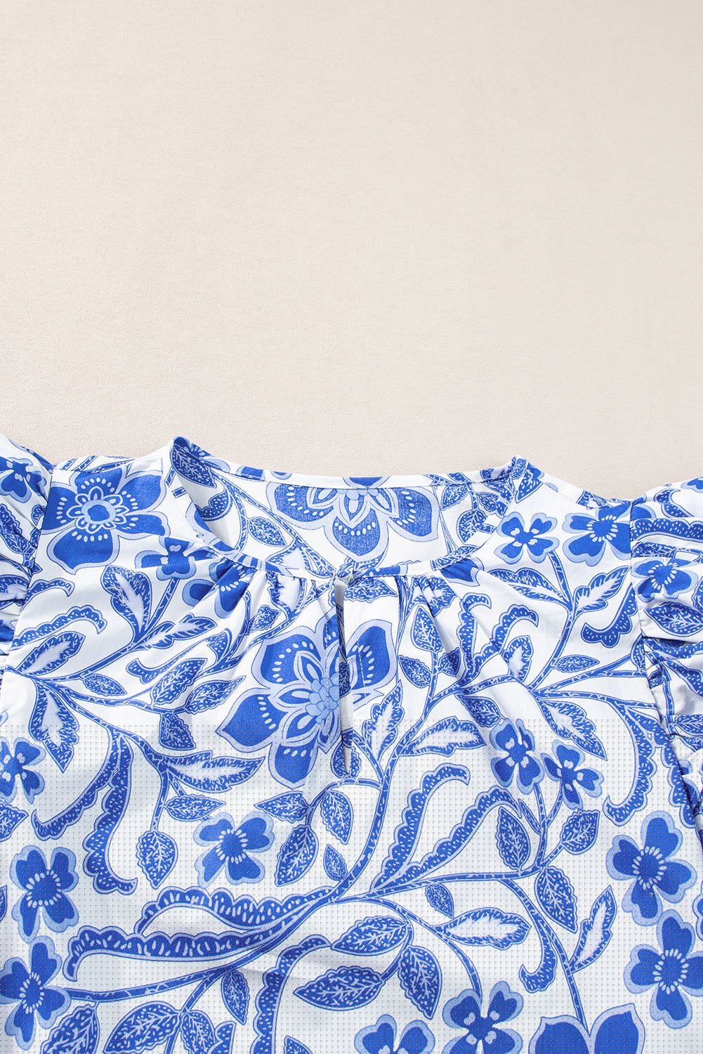 image-Dark Blue Floral Ruffled Sleeve Blouse - Chic Bubble Sleeve Design