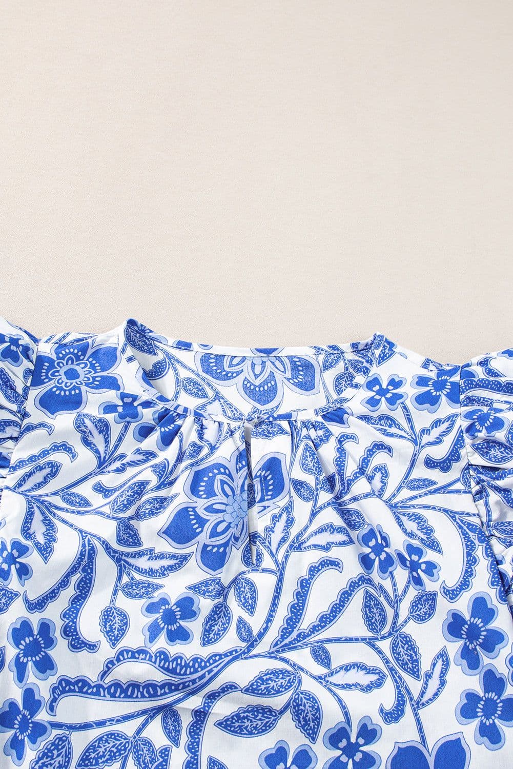 image-Dark Blue Floral Ruffled Sleeve Blouse - Chic Bubble Sleeve Design