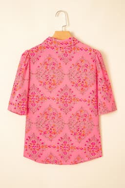 image-Rose Red Floral Print Shirt - Wide Short Sleeve Loose