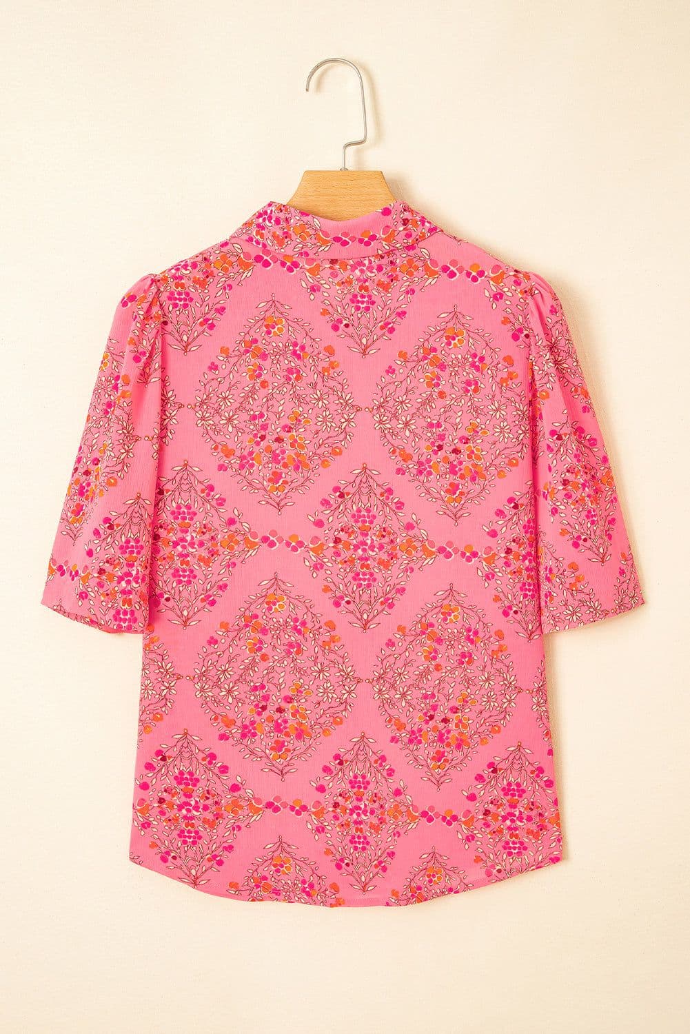 image-Rose Red Floral Print Shirt - Wide Short Sleeve Loose