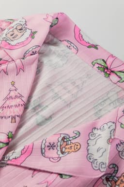 image-Pink Christmas Print Ruffled Ribbed Shirt & Pants 2 Piece PJ Set