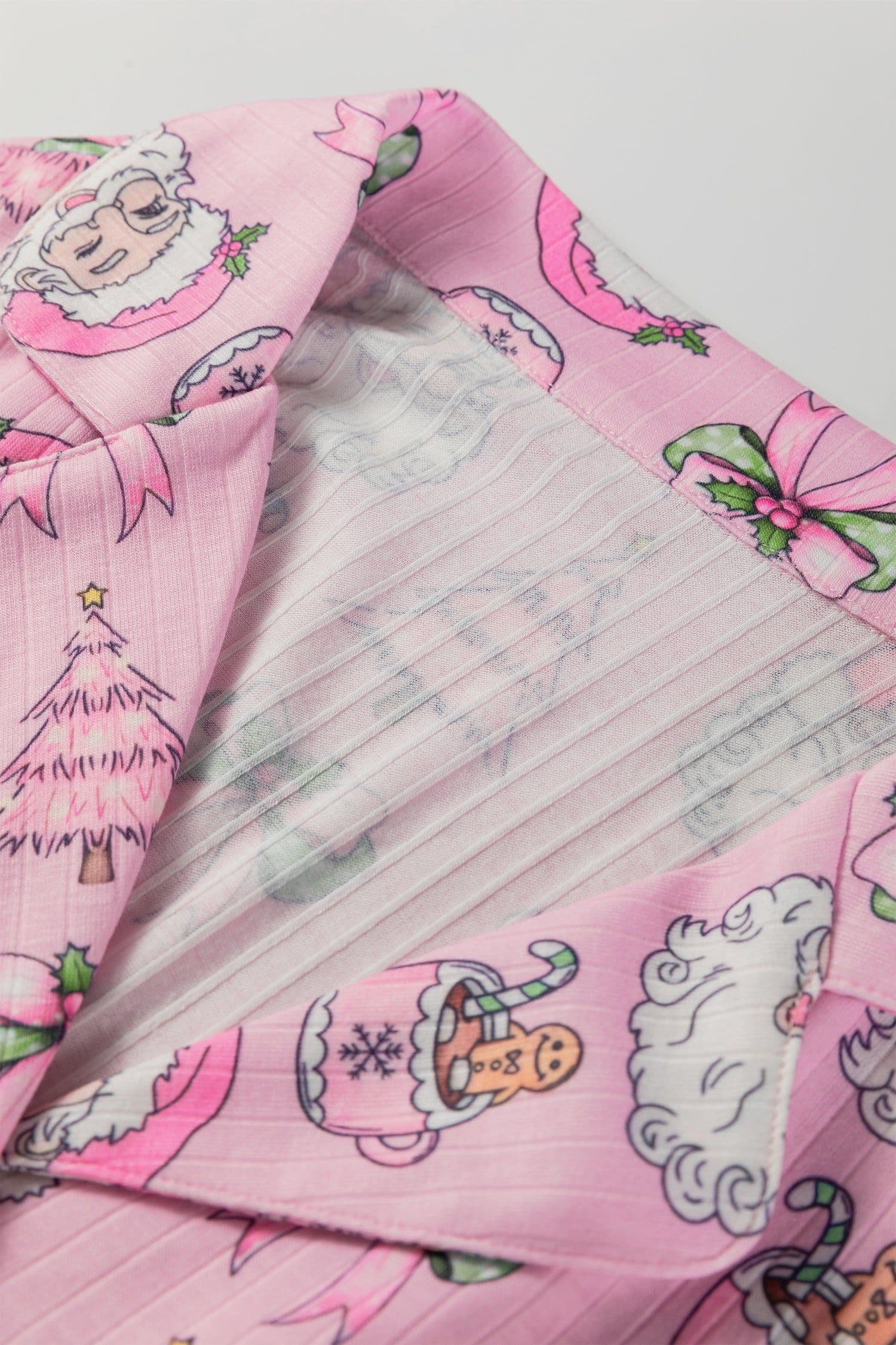 image-Pink Christmas Print Ruffled Ribbed Shirt & Pants 2 Piece PJ Set