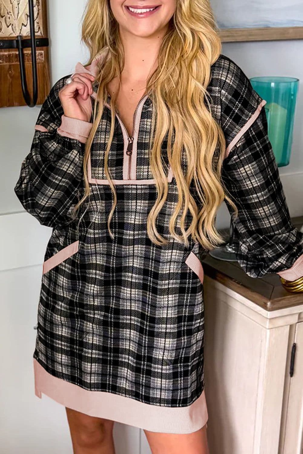 image-Black Plaid Polo Collar Zip up Contrast Trim Shift Long Sleeve Mini Dress