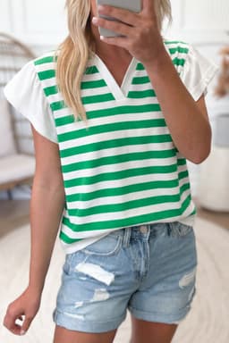 image-Black Stripe Collar V Neck Ruffled Short Sleeve Blouse