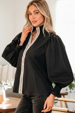 image-Evergreen Puffy Flounce Sleeve Leopard Trim V Neck Blouse