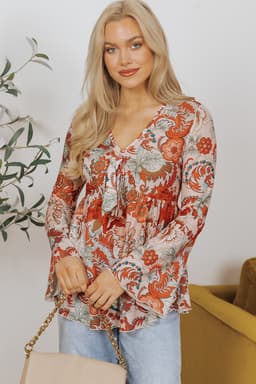 image-Floral Print Deep V Neck Knot Bell Sleeve Blouse - Orange
