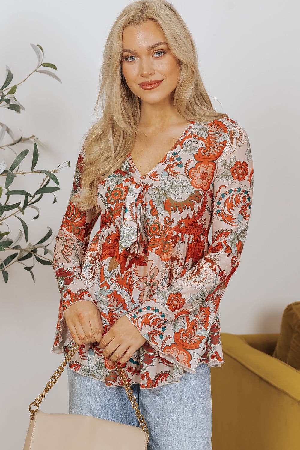 image-Floral Print Deep V Neck Knot Bell Sleeve Blouse - Orange