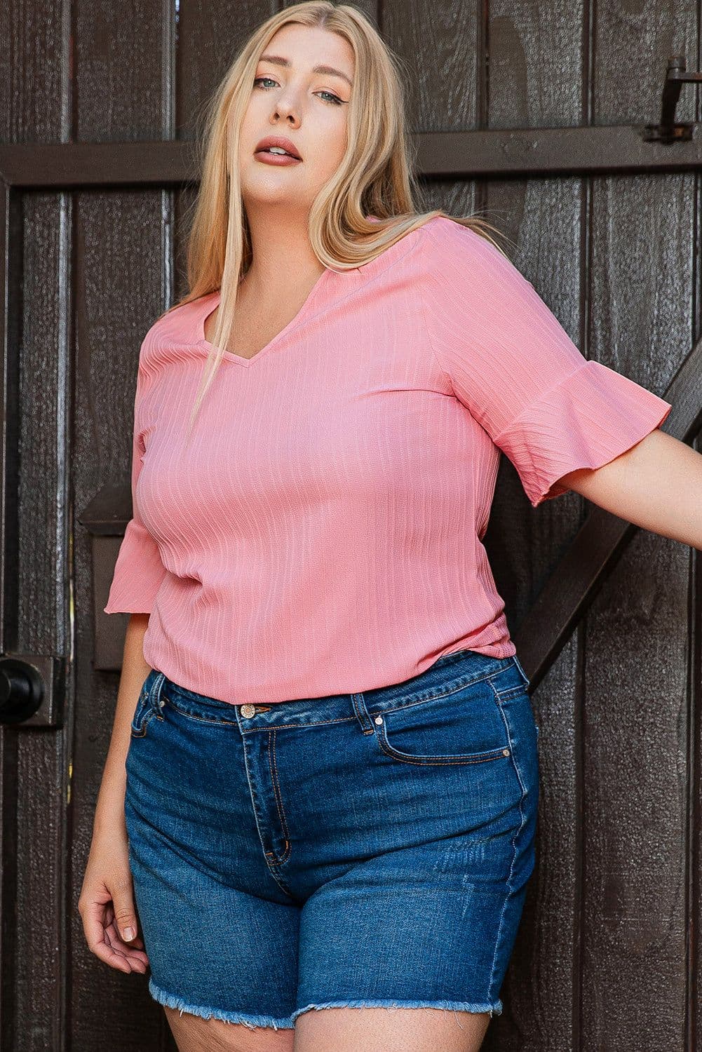 image-Peach Blossom Ruffled V Neck Textured Plus Size Top