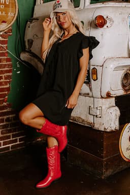 image-Black Ruffle Sleeve V Neck Frilled Shift Dress