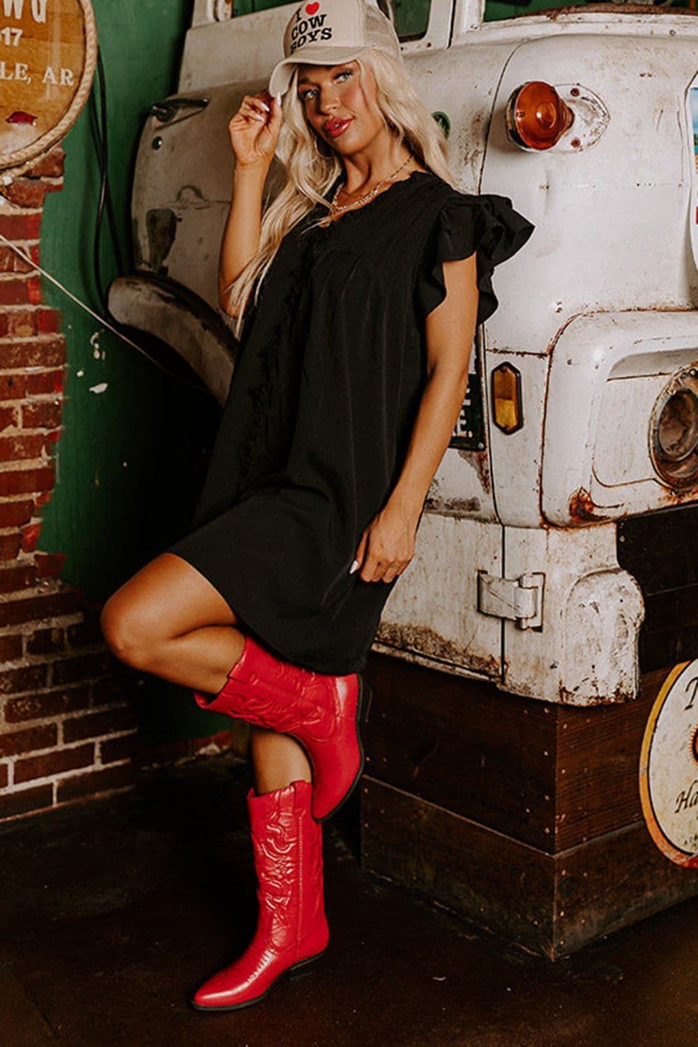image-Black Ruffle Sleeve V Neck Frilled Shift Dress