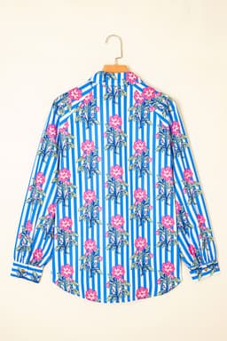 image-Blue Striped Floral Print Buttoned Cuffs Loose Fit Shirt